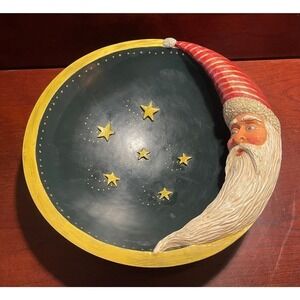 Vintage Kurt Adler Santa Stars Moon Wooden Wood Christmas Bowl 9.5” X 3.5”